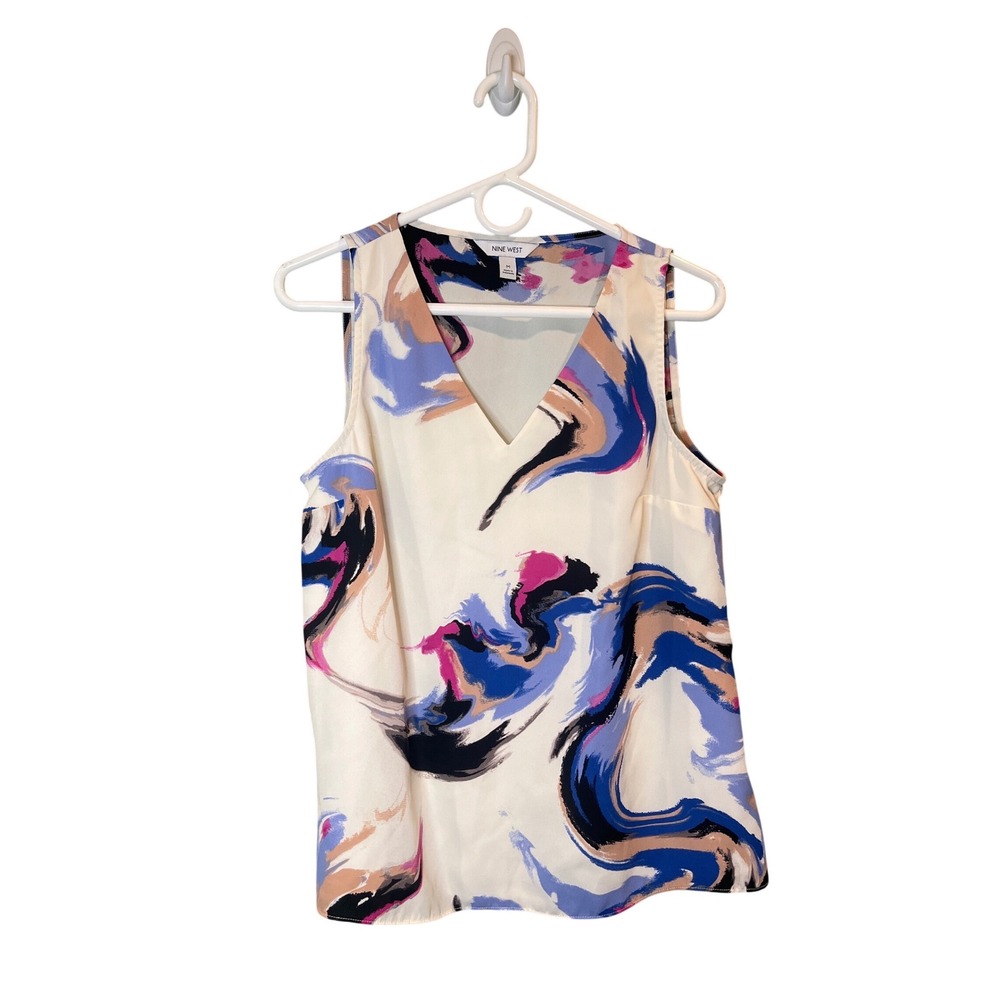 Nine West Womens Medium Abstract Swirl V-Neck Sleeveless Blouse Blue Purple Wht